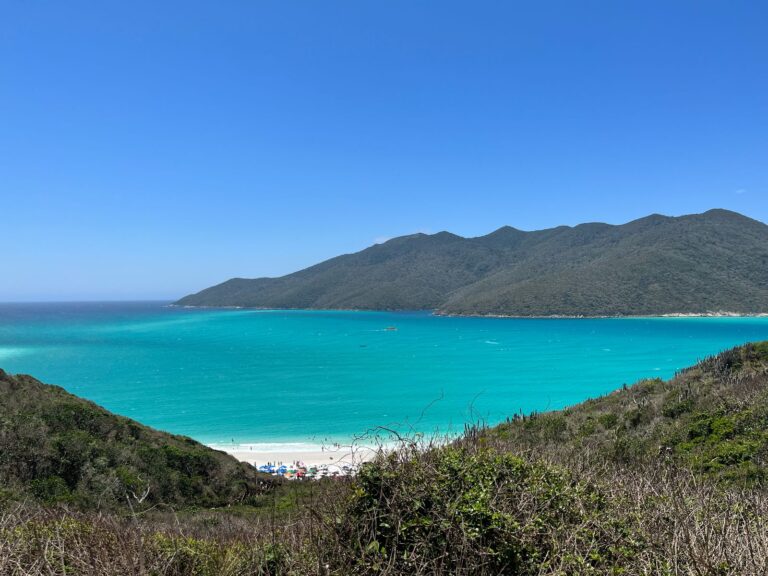 Turquoise bay framed by green hills on the Brazilian coast