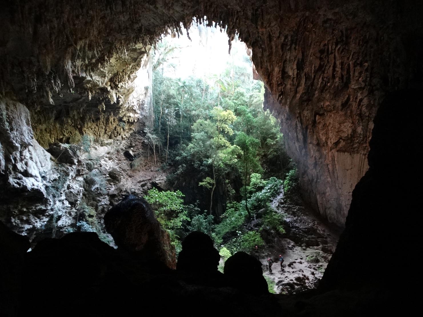 Visitors silhouetted at the huge mouth of a cave opening onto the Atlantic Forest in PETAR