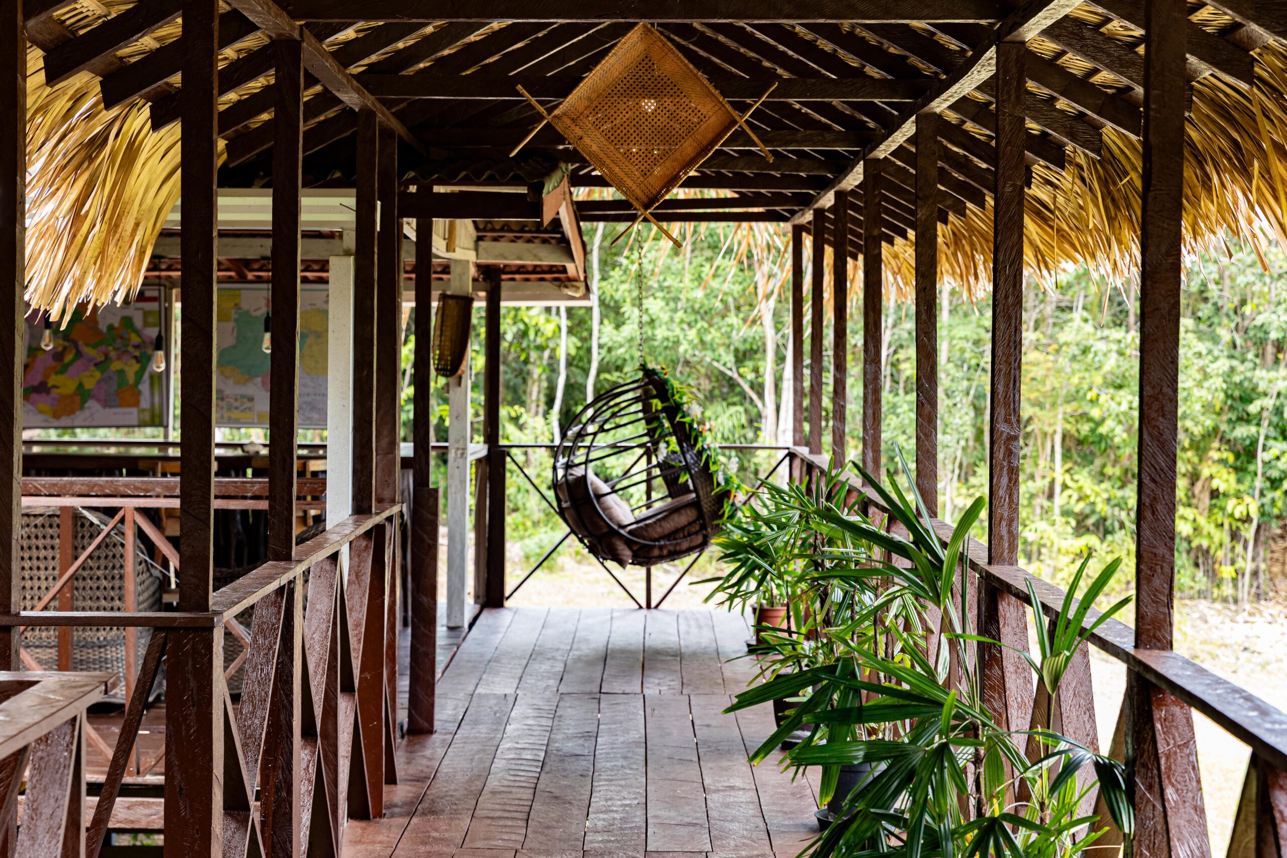 Wooden veranda with hammock at Manati Lodge in the Amazon rainforest
