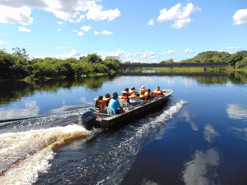 Boat with travellers on a wildlife safari along a Pantanal river