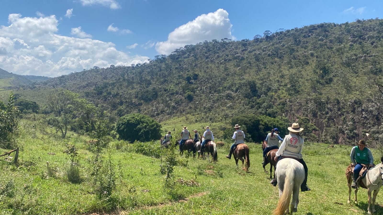Group horseback riding through green hills in the Minas Gerais countryside
