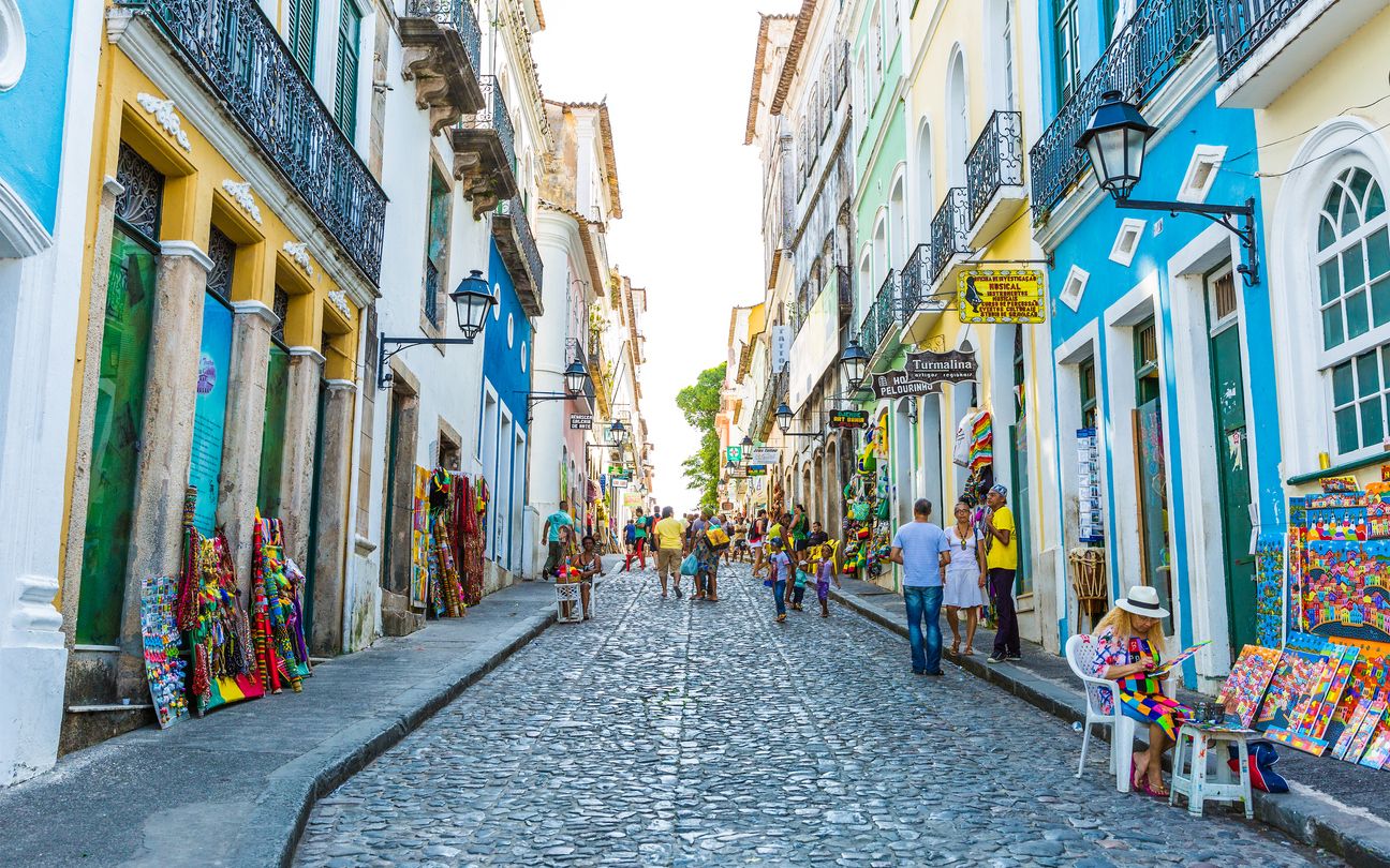 Colourful colonial houses and cobbled street in Pelourinho, the historic centre of Salvador, Bahia